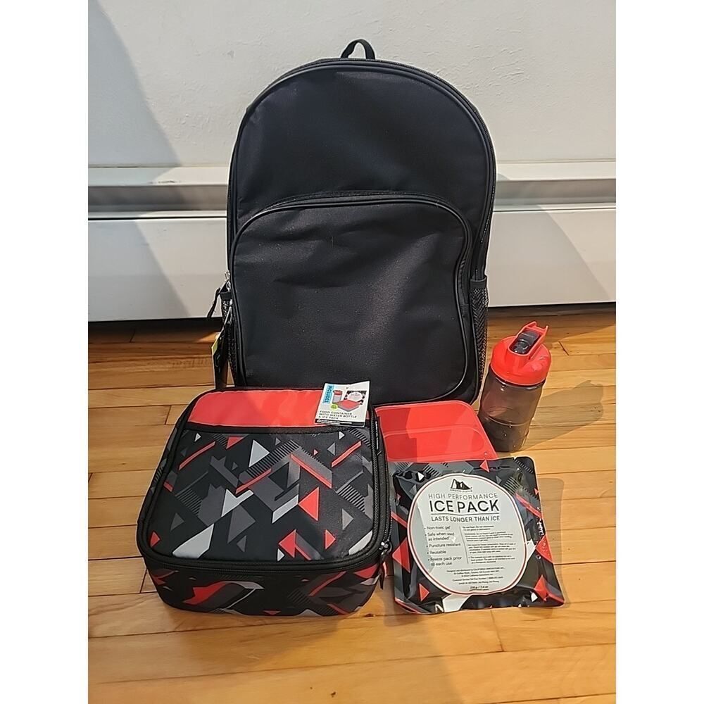Arctic Zone Lunch Box And Black Backpack Back To School Lot Kit NEW Boys Red Geo